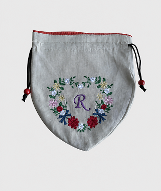 Rイニシャル花刺繍入りポーチ〈ライトグレー〉