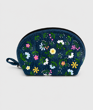 花柄刺繍入りポーチ〈ダークネイビーブルー〉