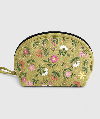 花柄刺繍入りポーチ〈オリーブグリーン〉
